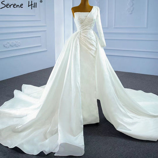 White Mermaid Satin Wedding Dresses 2025 Beaded Pearls Overskirt Sexy Bridal Dress HM67244 Custom Made