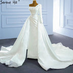 Weiß Meerjungfrau Satin Brautkleider 2025 Perlen Perlen Überrock Sexy Brautkleid HM67244 Nach Maß 