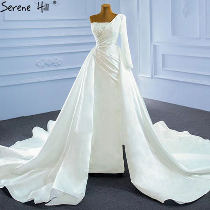 White Mermaid Satin Wedding Dresses 2025 Beaded Pearls Overskirt Sexy Bridal Dress HM67244 Custom Made