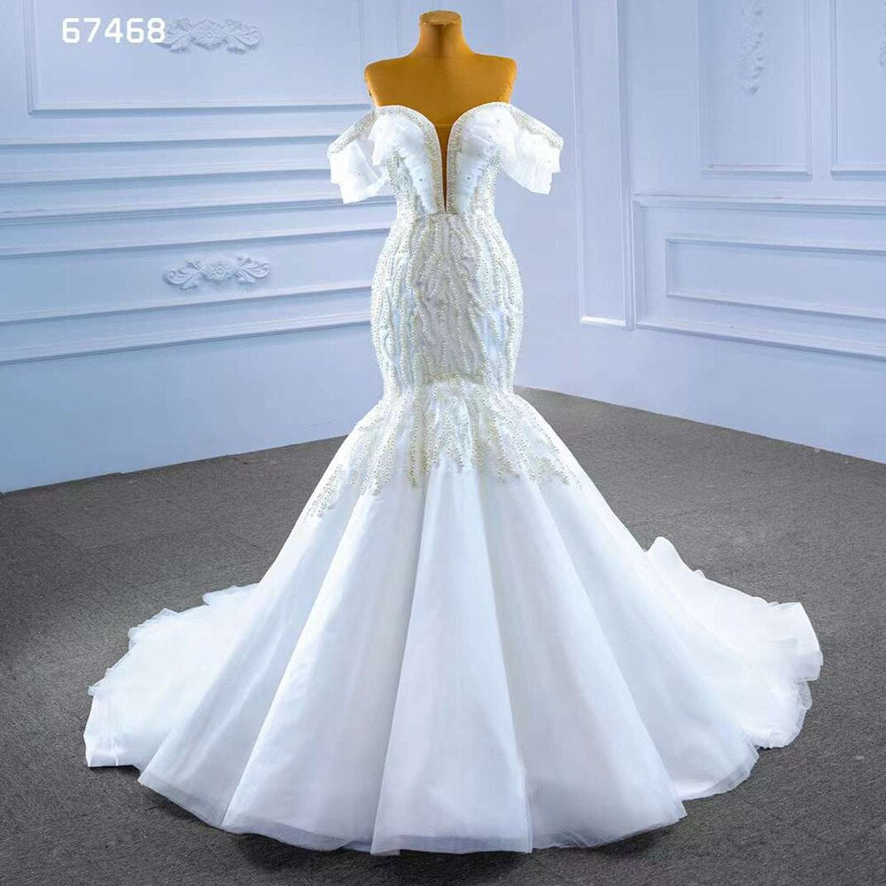 Weiße Meerjungfrau Sexy Off Schulter Perlen Perlen Lace Up Braut Kleider Hochzeit Kleid 2025 High-End Nach Maß HM67468 