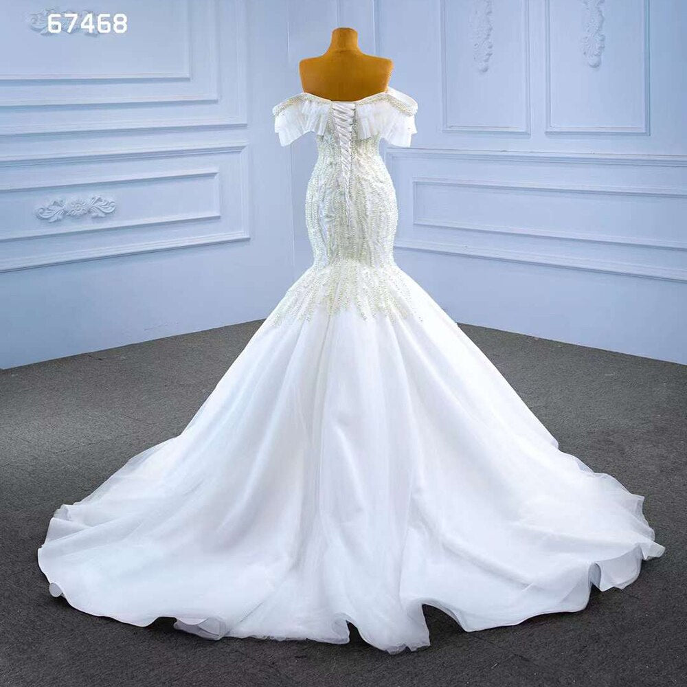 Weiße Meerjungfrau Sexy Off Schulter Perlen Perlen Lace Up Braut Kleider Hochzeit Kleid 2025 High-End Nach Maß HM67468 