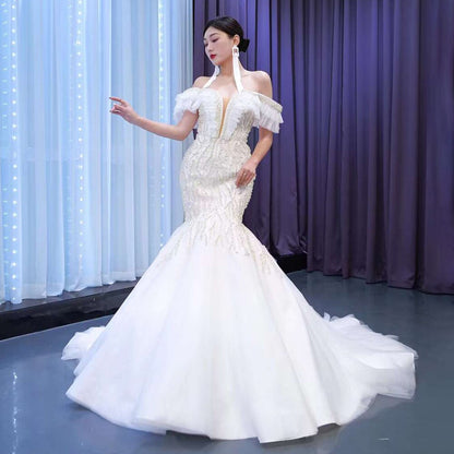 White Mermaid Sexy Off Shoulder Pearls Beaded Lace Up Bride Gowns Wedding Dress 2025  High End Custom Made HM67468