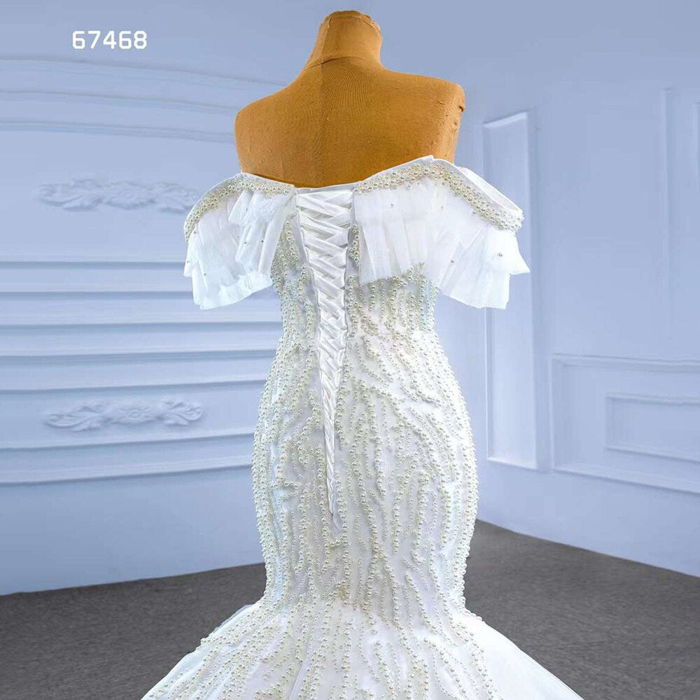 Weiße Meerjungfrau Sexy Off Schulter Perlen Perlen Lace Up Braut Kleider Hochzeit Kleid 2025 High-End Nach Maß HM67468 