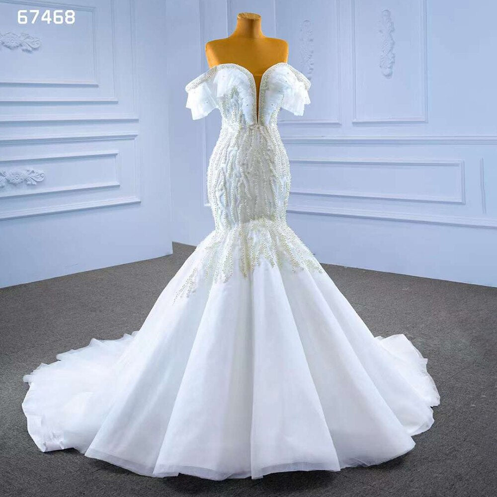 Weiße Meerjungfrau Sexy Off Schulter Perlen Perlen Lace Up Braut Kleider Hochzeit Kleid 2025 High-End Nach Maß HM67468 