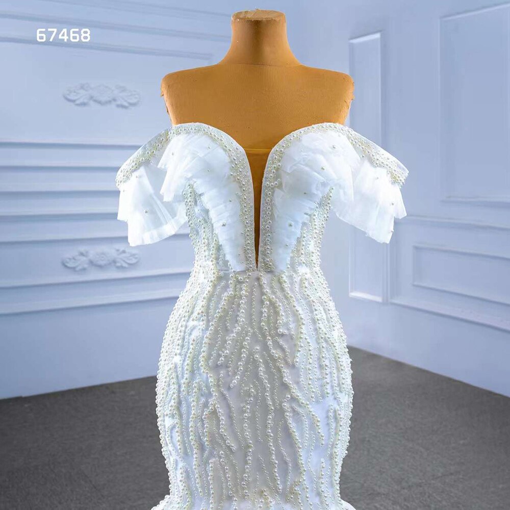 Weiße Meerjungfrau Sexy Off Schulter Perlen Perlen Lace Up Braut Kleider Hochzeit Kleid 2025 High-End Nach Maß HM67468 