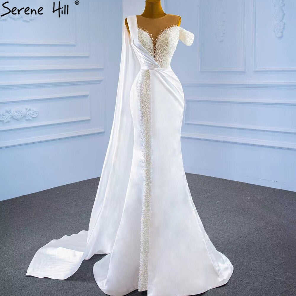 Weiße Meerjungfrau mit Zug Abendkleider Gwons 2025 Satin Perlen Elegant Sexy für Frauen Party HM67238 