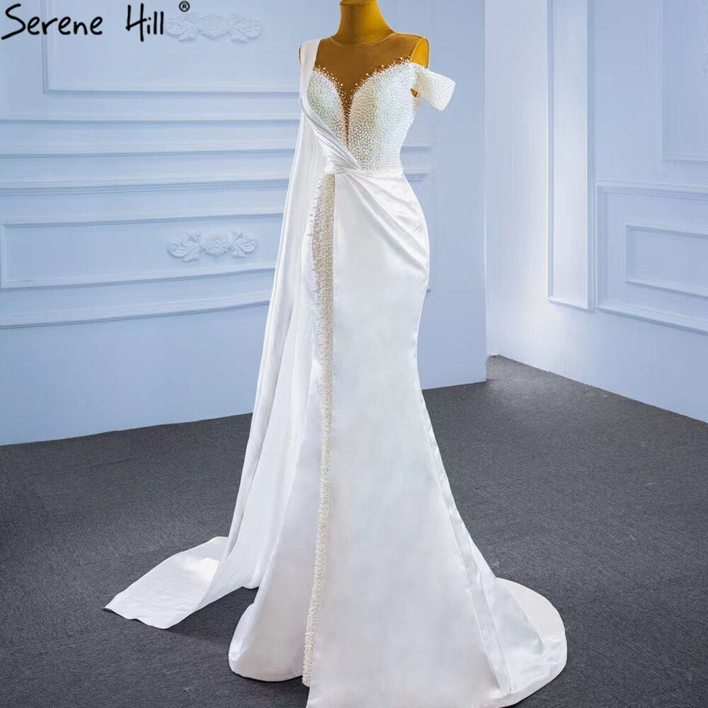 Weiße Meerjungfrau mit Zug Abendkleider Gwons 2025 Satin Perlen Elegant Sexy für Frauen Party HM67238 