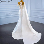 Weiße Meerjungfrau mit Zug Abendkleider Gwons 2025 Satin Perlen Elegant Sexy für Frauen Party HM67238 