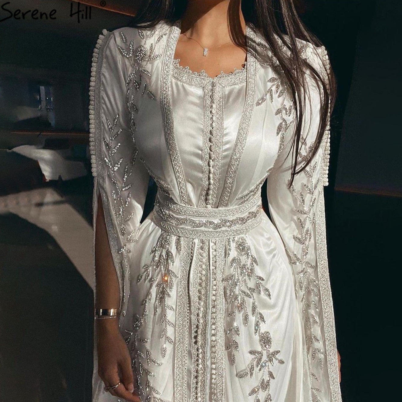 Weiß Muslimischen Kaftan Luxus Meerjungfrau Abendkleid 2025 Cape Ärmeln Perlen Kleider Elegante Für Frauen Party LA71015 