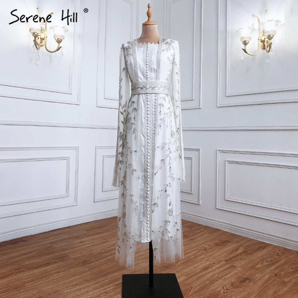 Weiß Muslimischen Kaftan Luxus Meerjungfrau Abendkleid 2025 Cape Ärmeln Perlen Kleider Elegante Für Frauen Party LA71015 