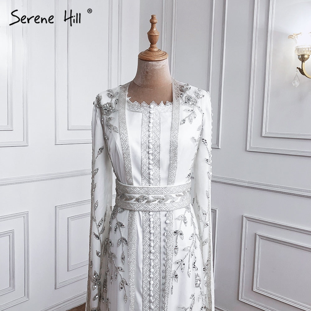 Weiß Muslimischen Kaftan Luxus Meerjungfrau Abendkleid 2025 Cape Ärmeln Perlen Kleider Elegante Für Frauen Party LA71015 
