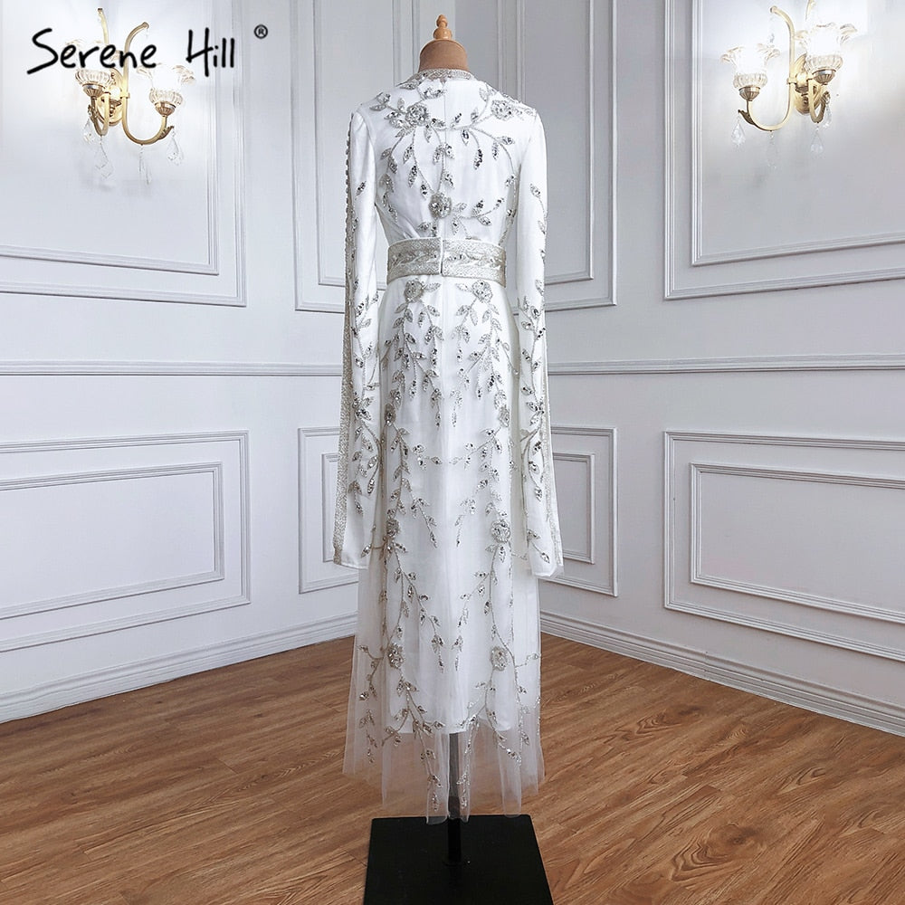 Weiß Muslimischen Kaftan Luxus Meerjungfrau Abendkleid 2025 Cape Ärmeln Perlen Kleider Elegante Für Frauen Party LA71015 