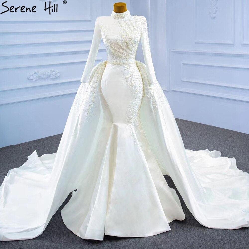 White Muslim Detachable Train Wedding Dresses 2025 Mermaid Elegant Beading Satin Bridal Dress HM67248 Custom Made