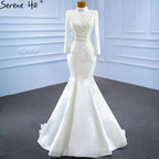 White Muslim Detachable Train Wedding Dresses 2025 Mermaid Elegant Beading Satin Bridal Dress HM67248 Custom Made