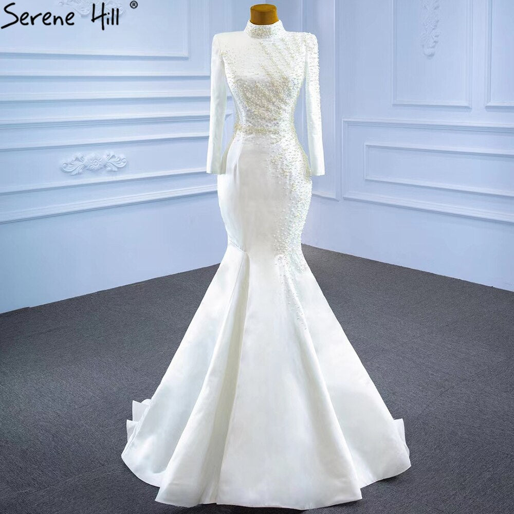 White Muslim Detachable Train Wedding Dresses 2025 Mermaid Elegant Beading Satin Bridal Dress HM67248 Custom Made