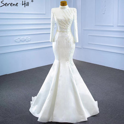 White Muslim Detachable Train Wedding Dresses 2025 Mermaid Elegant Beading Satin Bridal Dress HM67248 Custom Made