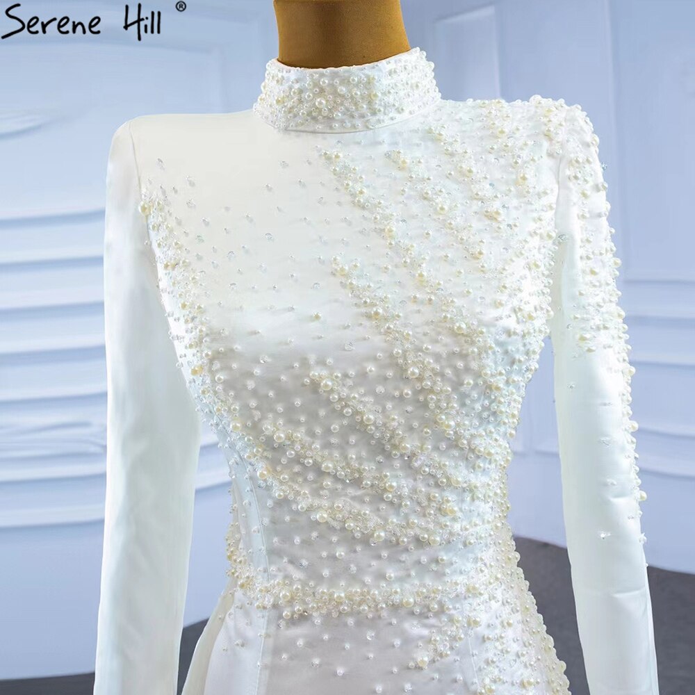White Muslim Detachable Train Wedding Dresses 2025 Mermaid Elegant Beading Satin Bridal Dress HM67248 Custom Made