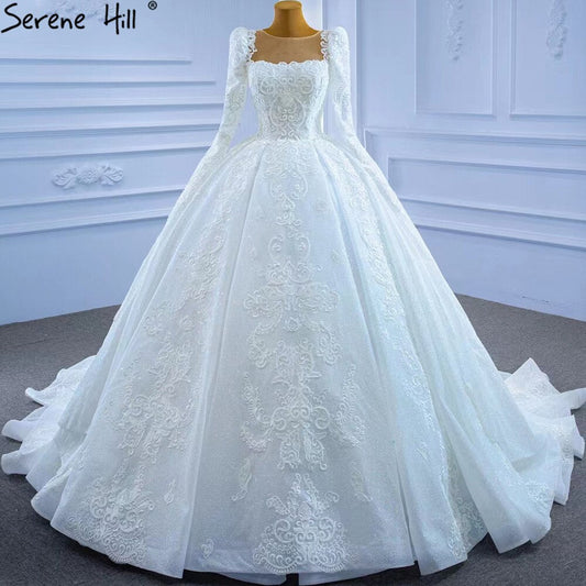 White Muslim Lace Beaded Wedding Dresses 2025 Luxury High-end Ball Gown Bridal Dress HM67258 Custom Made