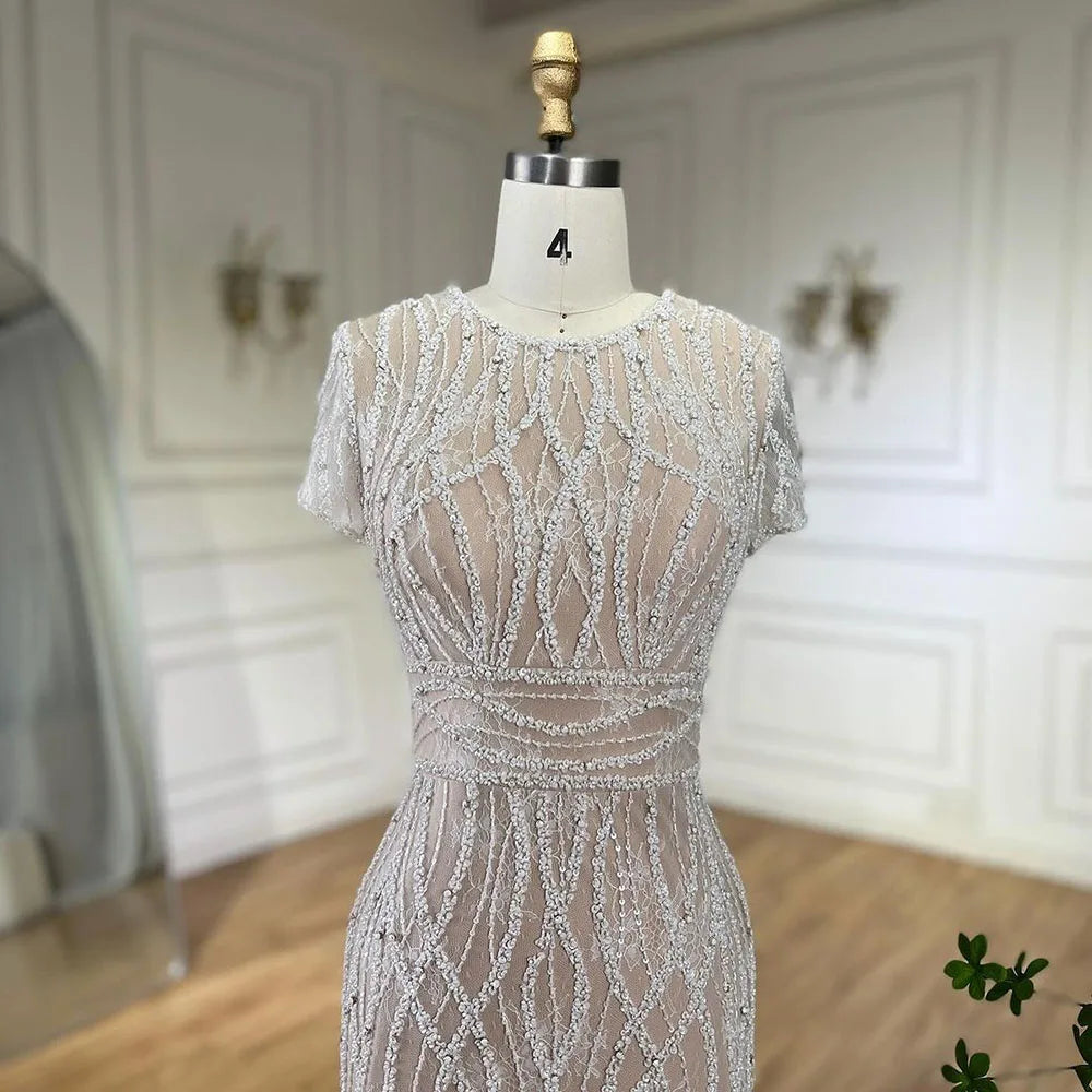 White Nude Ankle Length Beaded Evening Dress with Feathers LA72076A