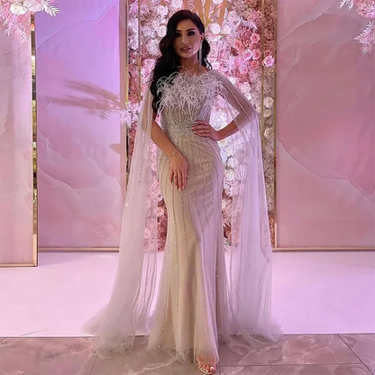 White Nude Elegant Mermaid Evening Dresses Gowns 2025 Feathers With Cape Sleeves Beaded For Women Party LA71724