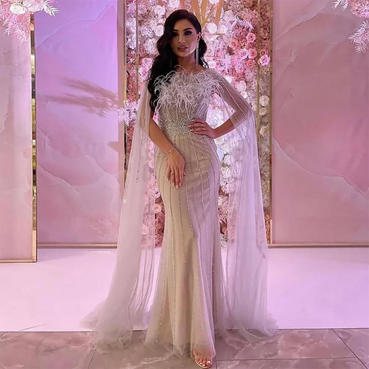 White Nude Elegant Mermaid Evening Dresses Gowns 2025 Feathers With Cape Sleeves Beaded For Women Party LA71724