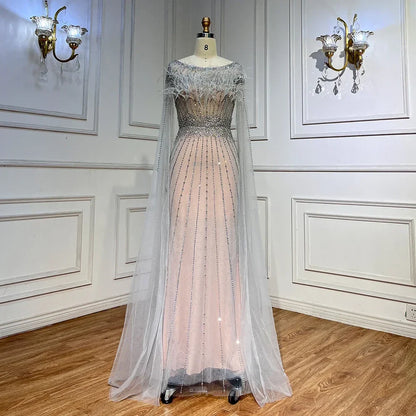 White Nude Elegant Mermaid Evening Dresses Gowns 2025 Feathers With Cape Sleeves Beaded For Women Party LA71724