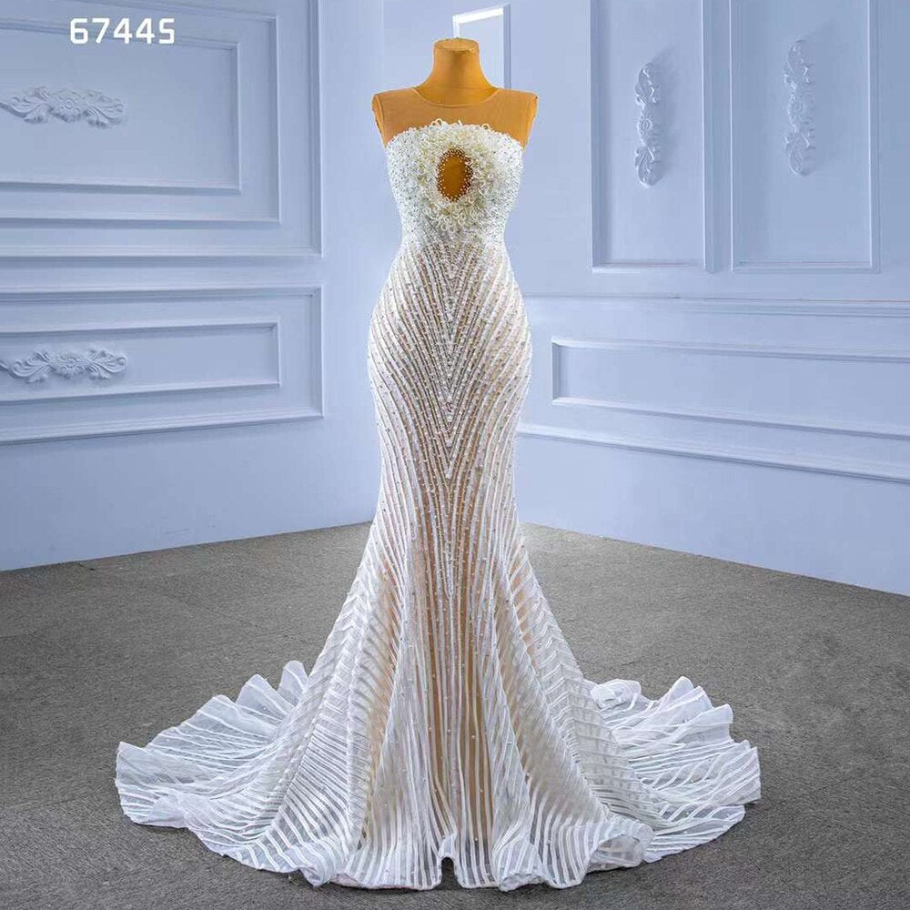 Vestido de novia elegante de sirena, color blanco nude, de alta gama, hecho a medida, con perlas, de lujo, con cuentas y cordones, HM67445, 2025 