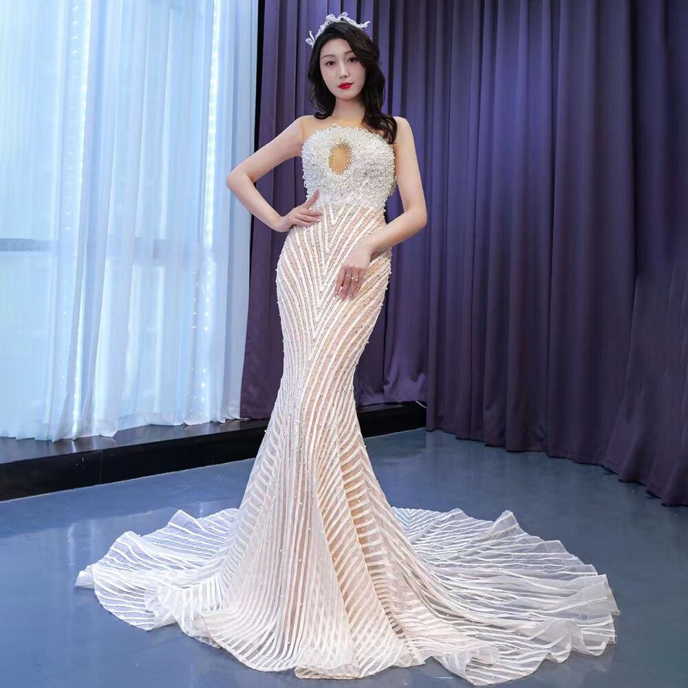 Vestido de novia elegante de sirena, color blanco nude, de alta gama, hecho a medida, con perlas, de lujo, con cuentas y cordones, HM67445, 2025 
