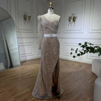 White Nude Mermaid One Shoulder High Split Beaded Luxury Evening Dresses Gowns For Women Wedding Party 2025 LA72269
