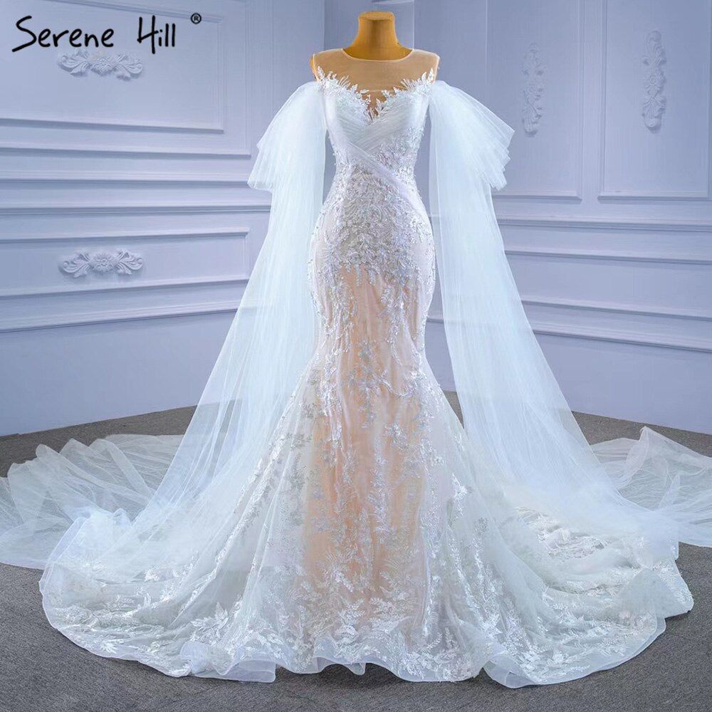 Weiß Nude Meerjungfrau Brautkleider 2025 Perlen Spitze Elegante Cape-Ärmel Braut Kleider HM67294 Nach Maß 