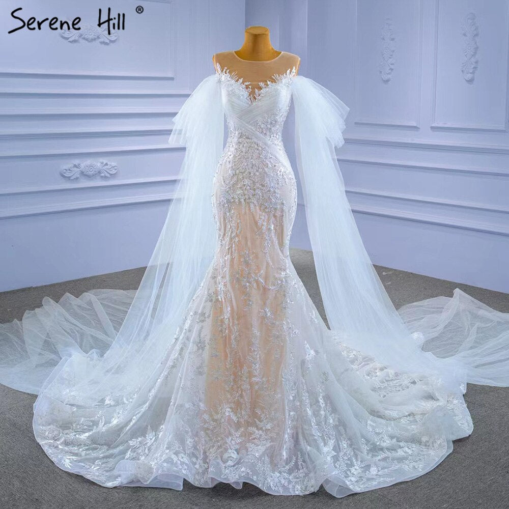 Weiß Nude Meerjungfrau Brautkleider 2025 Perlen Spitze Elegante Cape-Ärmel Braut Kleider HM67294 Nach Maß 