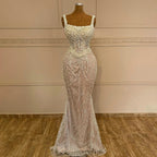 White Nude Spaghetti Strap Mermaid Evening Dresses Gowns Luxury Pearls Beaded For Women Wedding Party 2025 LA72266