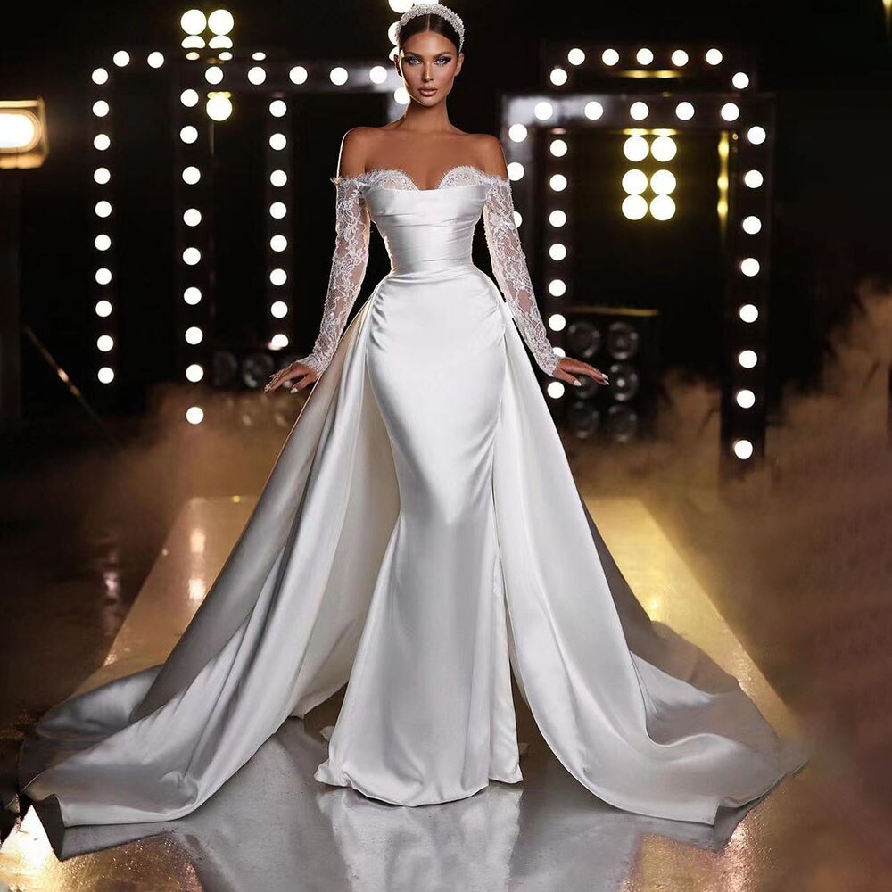 Weiß Off Schulter Satin Meerjungfrau Überrock Brautkleider Elegante Brautkleider Engagement Party Für Frauen HA2529 