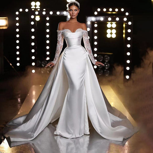 White Off Shoulder Satin Mermaid Overskirt Wedding Dresses Elegant Bridal Gowns Engagement Party For Women HA2529