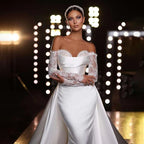 Weiß Off Schulter Satin Meerjungfrau Überrock Brautkleider Elegante Brautkleider Engagement Party Für Frauen HA2529 