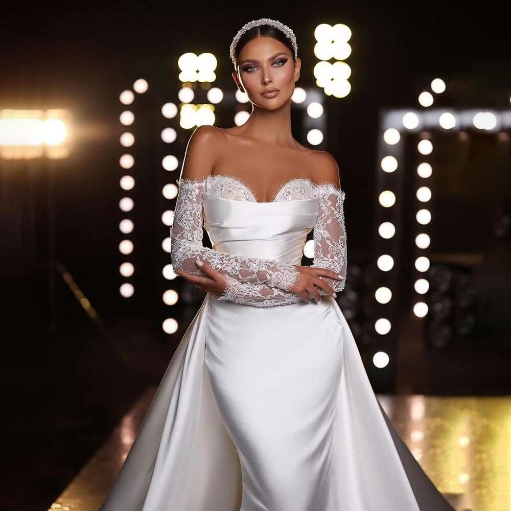 Weiß Off Schulter Satin Meerjungfrau Überrock Brautkleider Elegante Brautkleider Engagement Party Für Frauen HA2529 