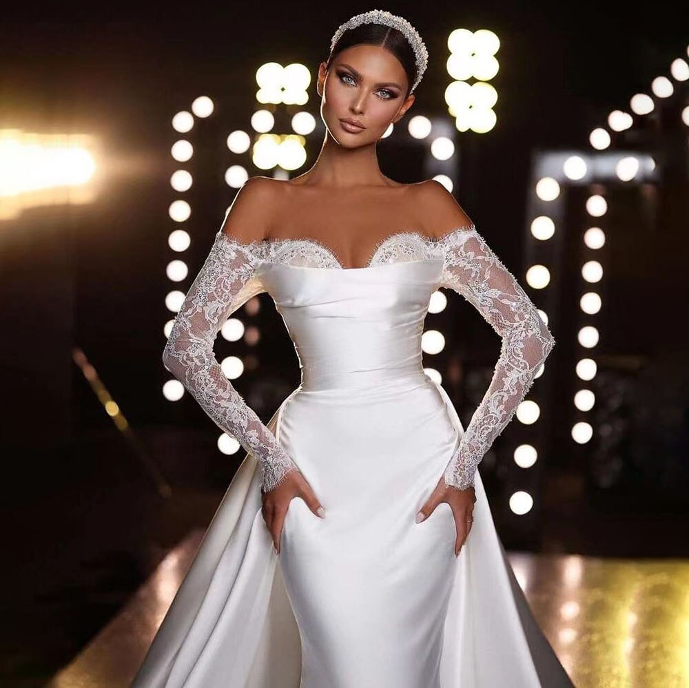 Weiß Off Schulter Satin Meerjungfrau Überrock Brautkleider Elegante Brautkleider Engagement Party Für Frauen HA2529 