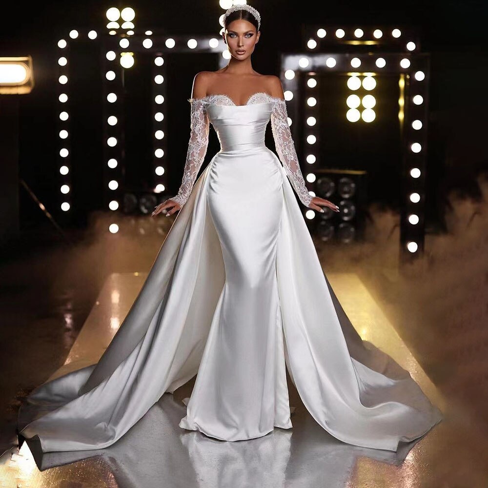 Weiß Off Schulter Satin Meerjungfrau Überrock Brautkleider Elegante Brautkleider Engagement Party Für Frauen HA2529 