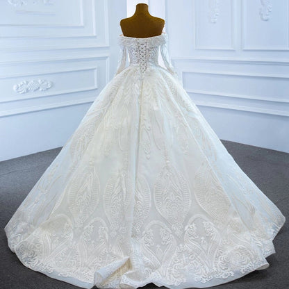 White Off Shoulder Sexy Wedding Dresses Gowns Luxury Beading Pearls Lace Up Bridal Dress 2025 HM67206 Custom Made