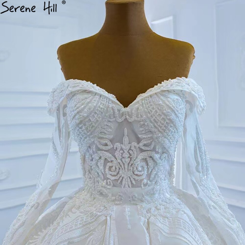 White Off Shoulder Sexy Wedding Dresses Gowns Luxury Beading Pearls Lace Up Bridal Dress 2025 HM67206 Custom Made
