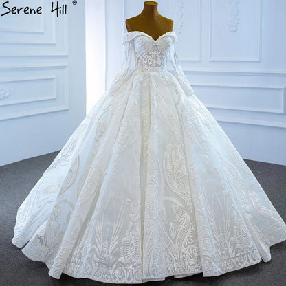 White Off Shoulder Sexy Wedding Dresses Gowns Luxury Beading Pearls Lace Up Bridal Dress 2025 HM67206 Custom Made