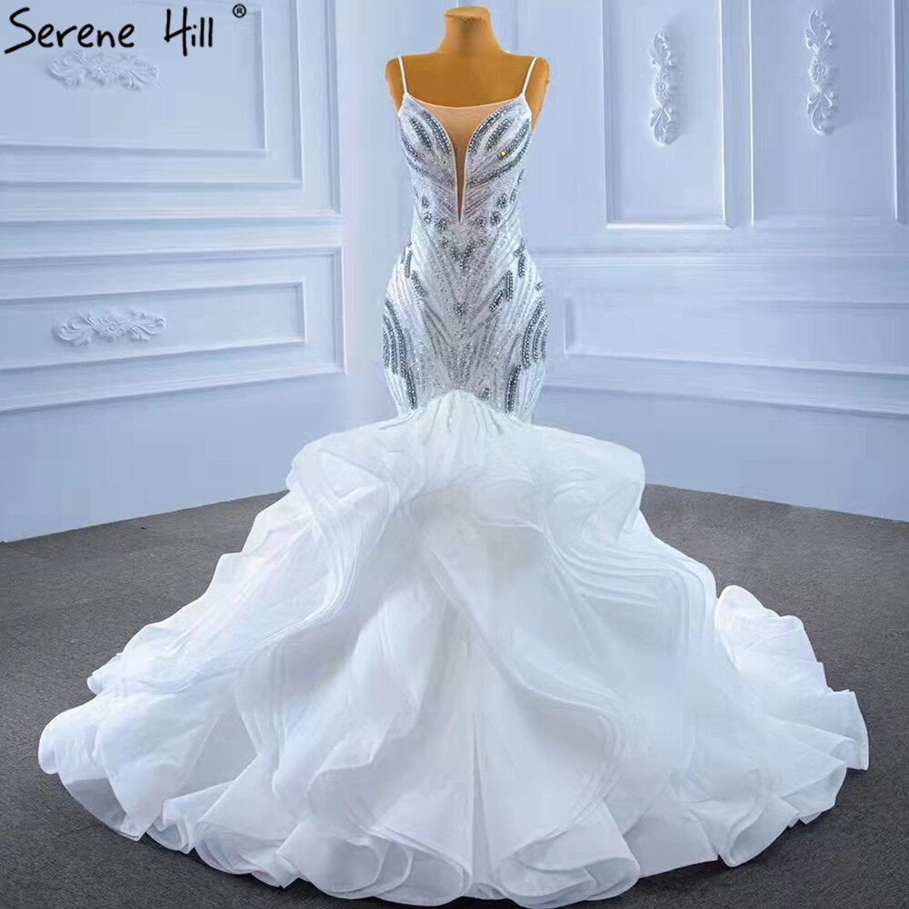 Weiße Rüschen Perlen Luxus Brautkleider Kleider 2025 Spaghetti-Trägern Meerjungfrau Elegante Brautkleid HM67386 