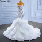 Weiße Rüschen Perlen Luxus Brautkleider Kleider 2025 Spaghetti-Trägern Meerjungfrau Elegante Brautkleid HM67386 