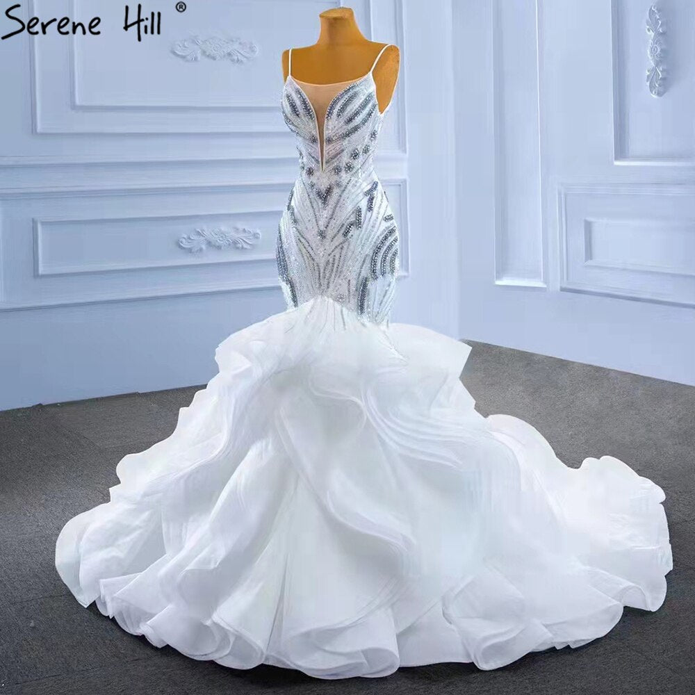 Weiße Rüschen Perlen Luxus Brautkleider Kleider 2025 Spaghetti-Trägern Meerjungfrau Elegante Brautkleid HM67386 