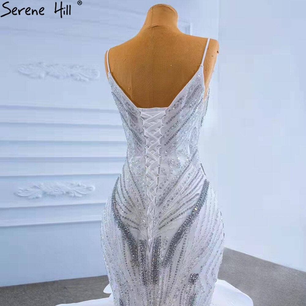 Weiße Rüschen Perlen Luxus Brautkleider Kleider 2025 Spaghetti-Trägern Meerjungfrau Elegante Brautkleid HM67386 