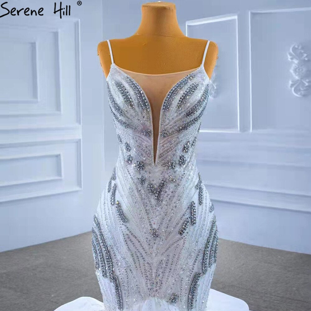 Weiße Rüschen Perlen Luxus Brautkleider Kleider 2025 Spaghetti-Trägern Meerjungfrau Elegante Brautkleid HM67386 