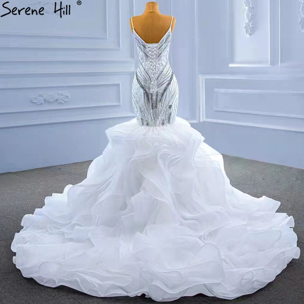 Weiße Rüschen Perlen Luxus Brautkleider Kleider 2025 Spaghetti-Trägern Meerjungfrau Elegante Brautkleid HM67386 
