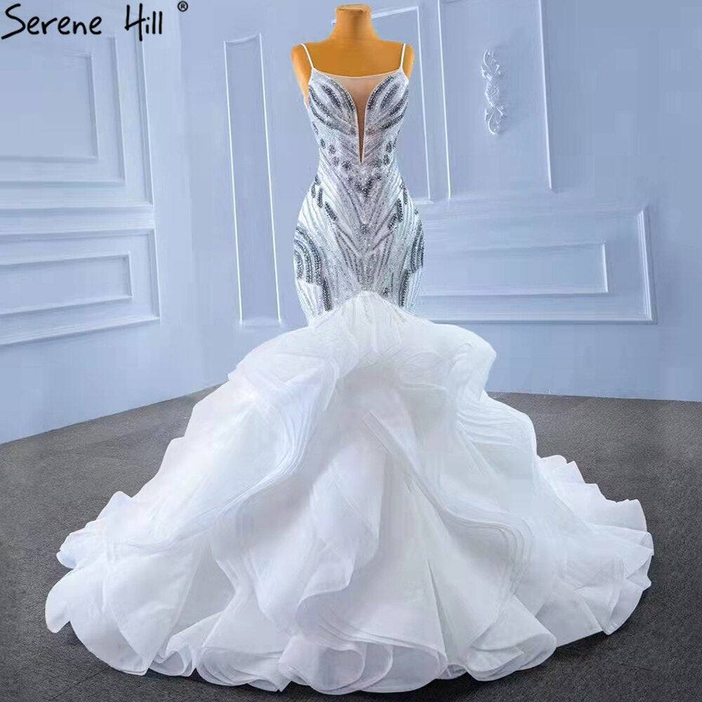 Weiße Rüschen Perlen Luxus Brautkleider Kleider 2025 Spaghetti-Trägern Meerjungfrau Elegante Brautkleid HM67386 