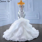 Weiße Rüschen Perlen Luxus Brautkleider Kleider 2025 Spaghetti-Trägern Meerjungfrau Elegante Brautkleid HM67386 