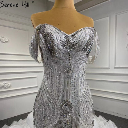 White Ruffles Beaded Wedding Dresses 2025 Mermaid Luxury Elegant Bride Gowns HM67283 Custom Made
